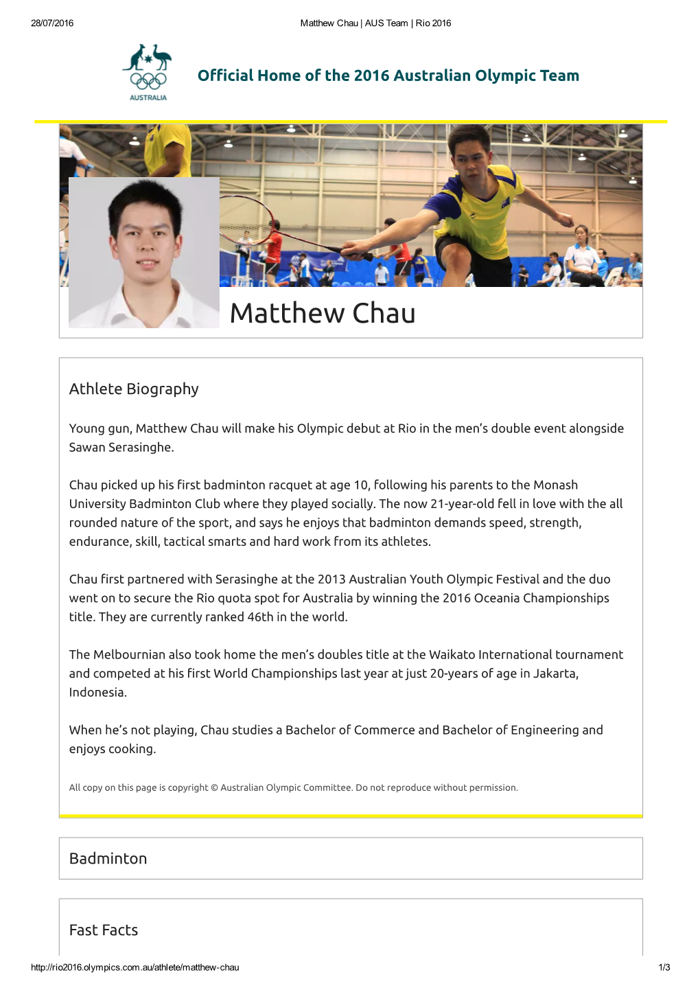 Matthew Chau | AUS Team | Rio 2016