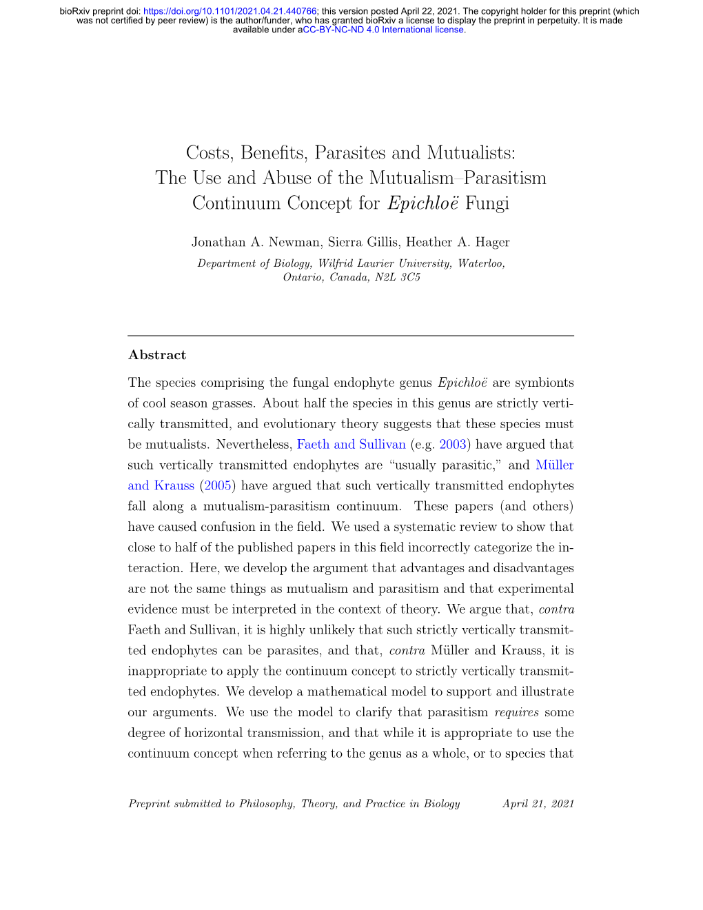 The Use and Abuse of the Mutualism–Parasitism Continuum Concept for Epichlo¨E Fungi