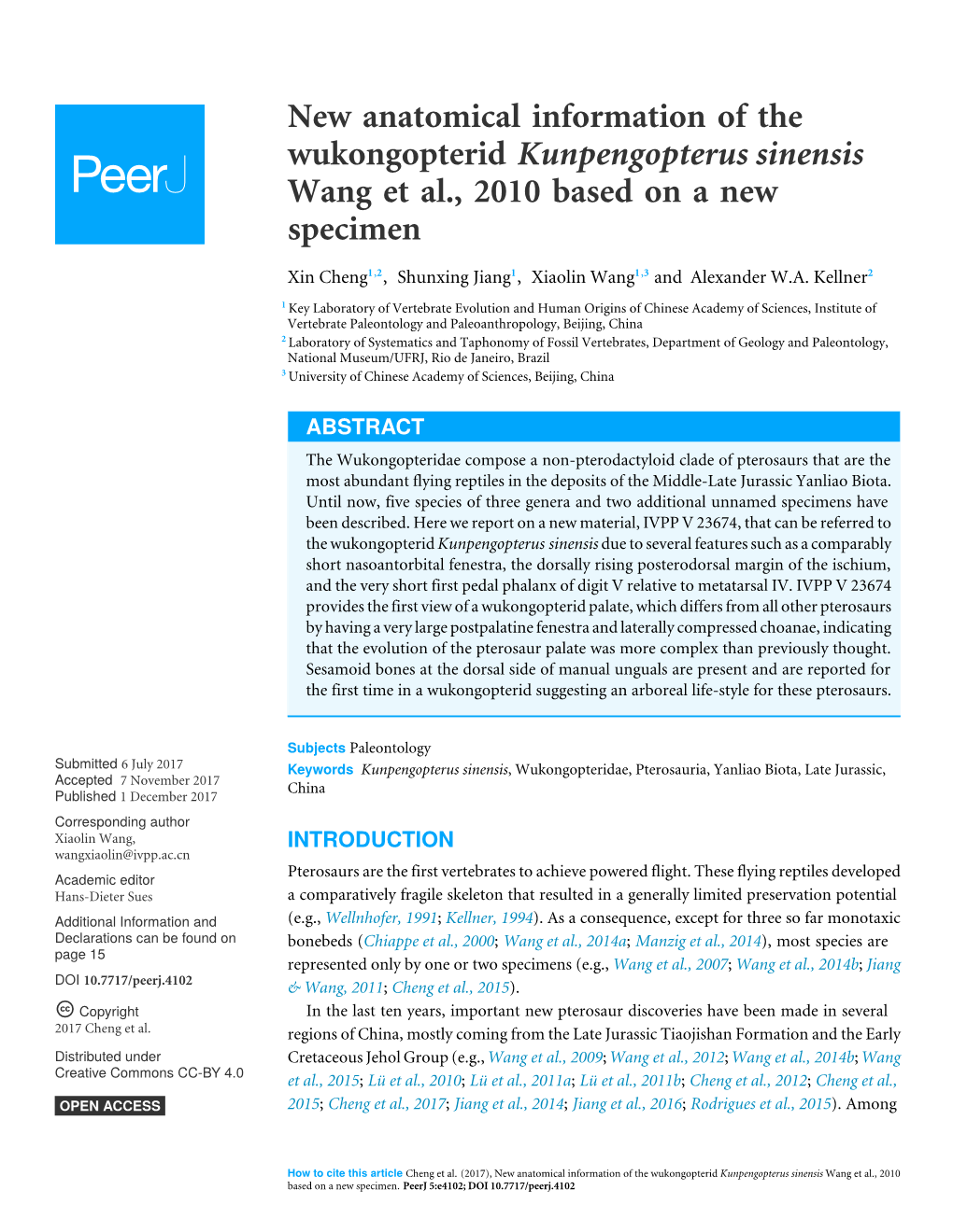 New Anatomical Information of the Wukongopterid Kunpengopterus Sinensis Wang Et Al., 2010 Based on a New Specimen