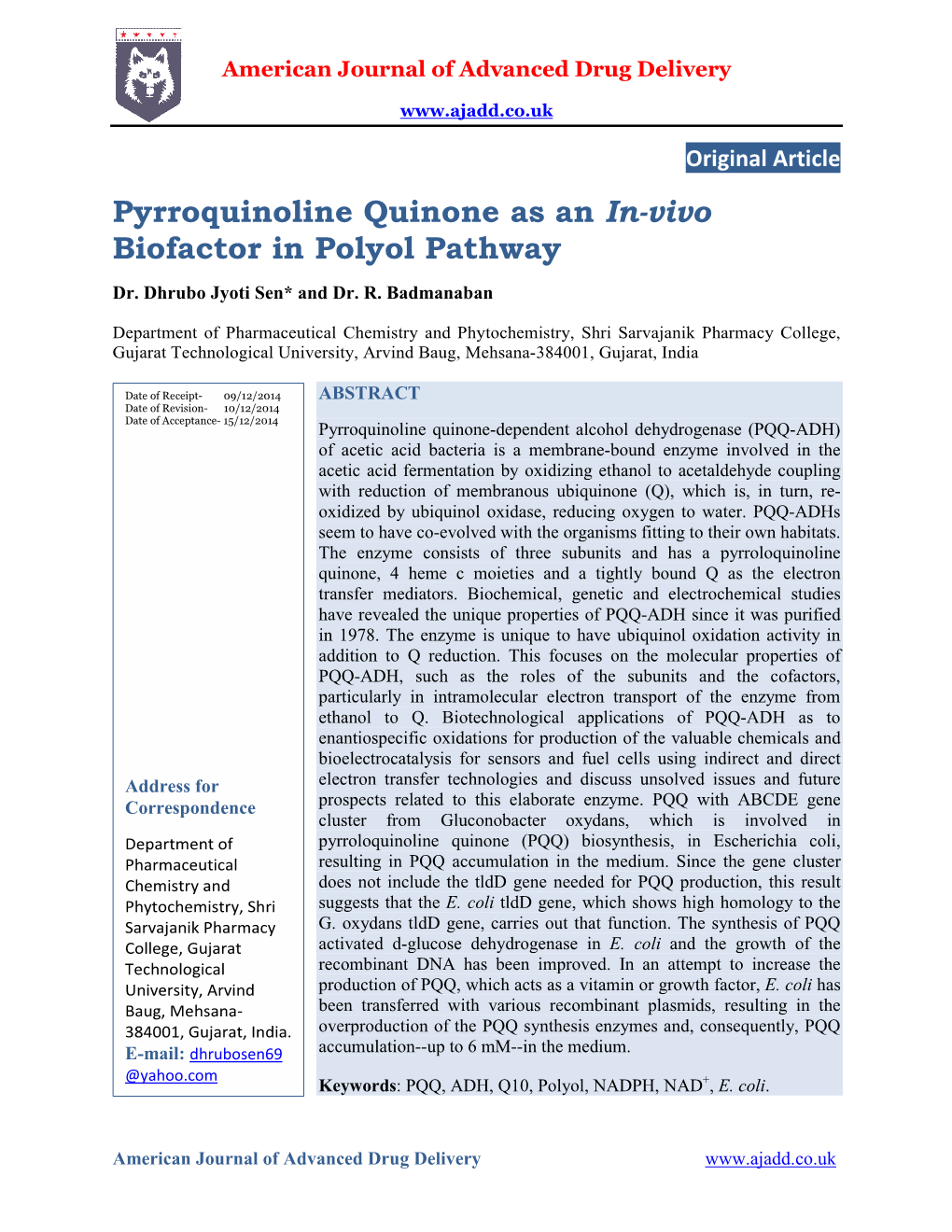 Pyrroquinoline Quinone As an In-Vivo Biofactor in Polyol Pathway Dr