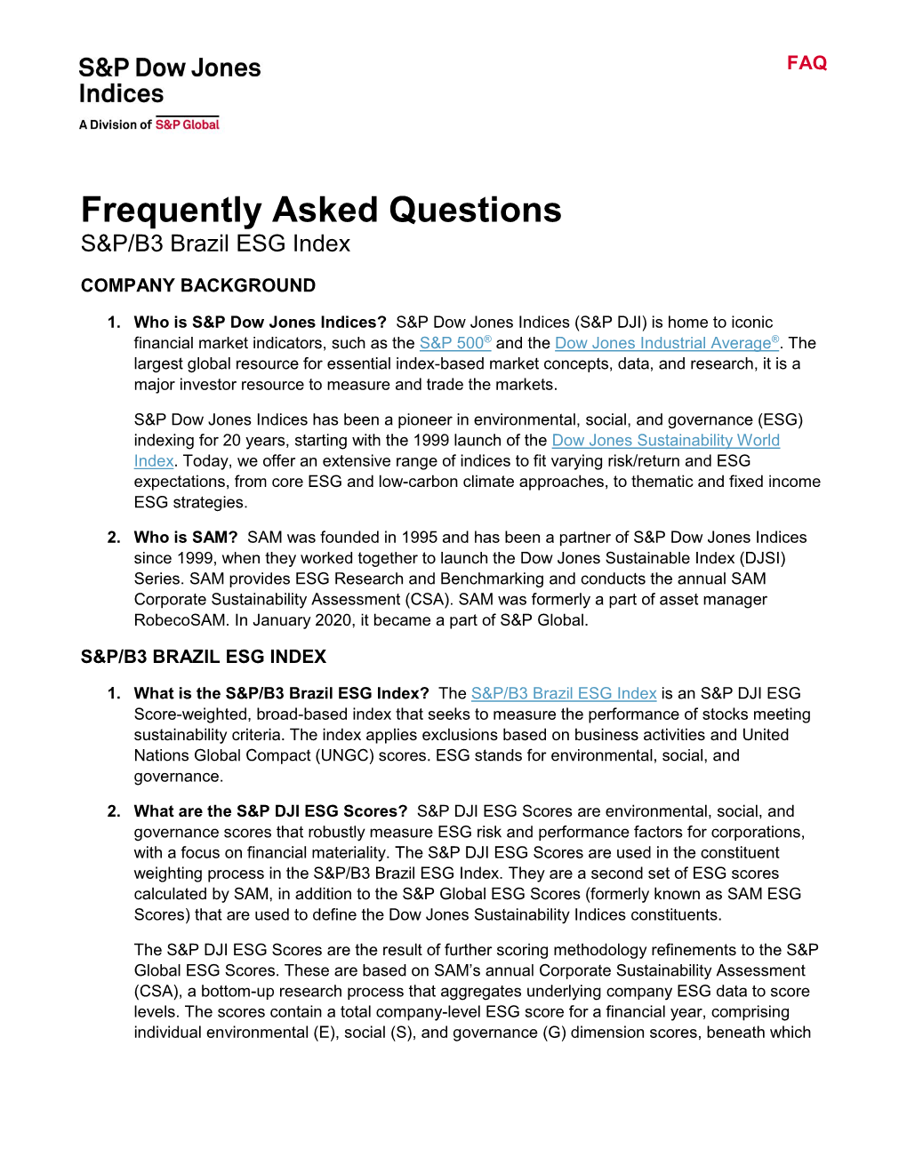 Frequently Asked Questions: S&P/B3 Brazil ESG Index