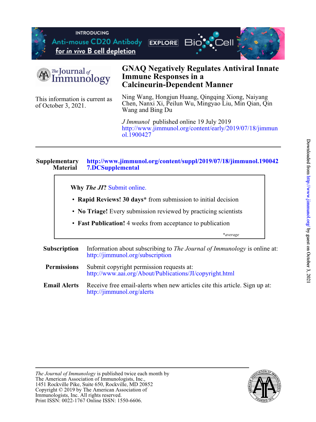 GNAQ Negatively Regulates Antiviral Innate Immune Responses in a Calcineurin-Dependent Manner