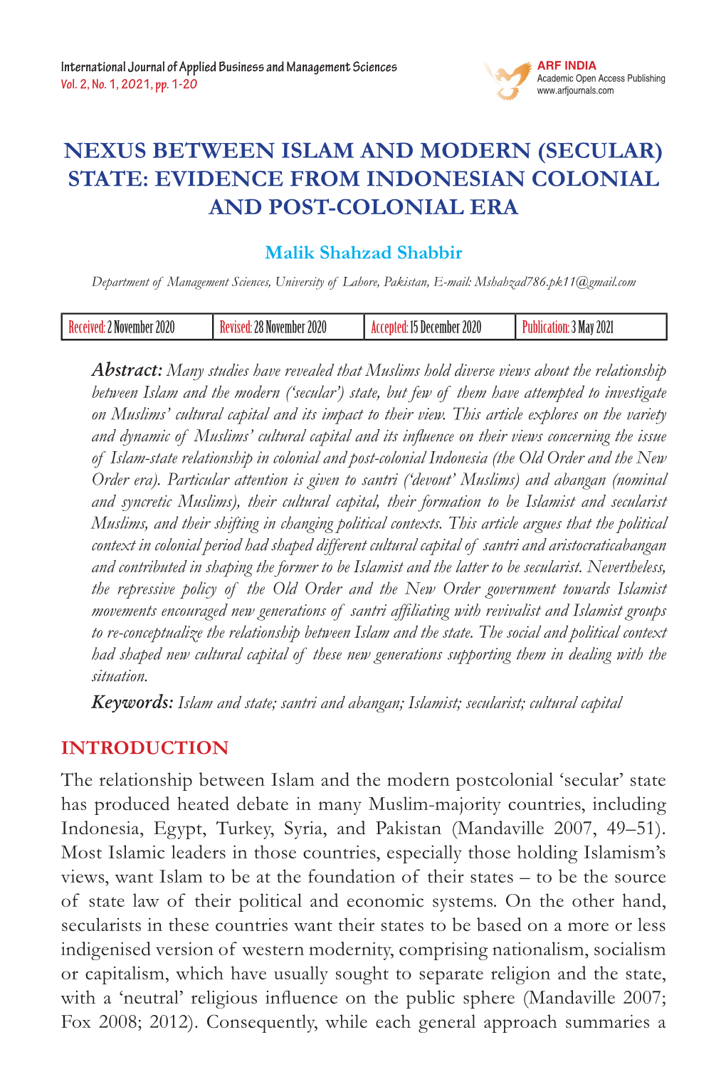 Nexus Between Islam and Modern (Secular) State: Evidence from Indonesian Colonial and Post-Colonial Era