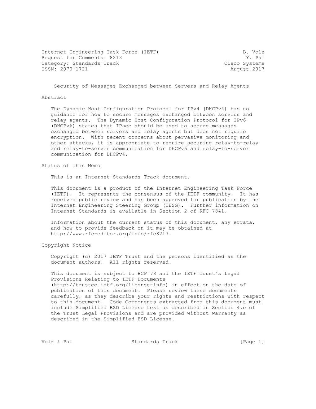 Internet Engineering Task Force (IETF) B. Volz Request for Comments: 8213 Y