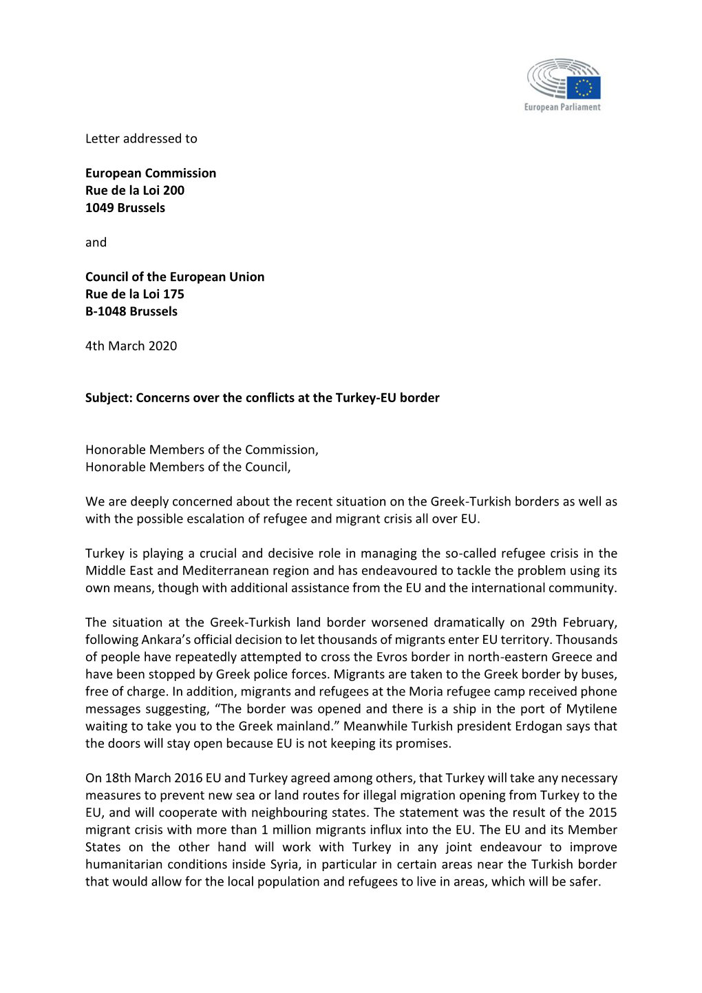 Letter Addressed to European Commission Rue De La Loi 200