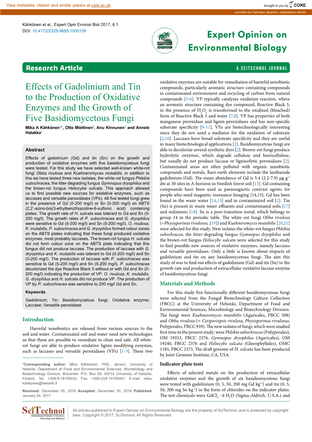 Effects of Gadolinium and Tin to the Production of Oxidative Enzymes and the Growth of Five Basidiomycetous Fungi