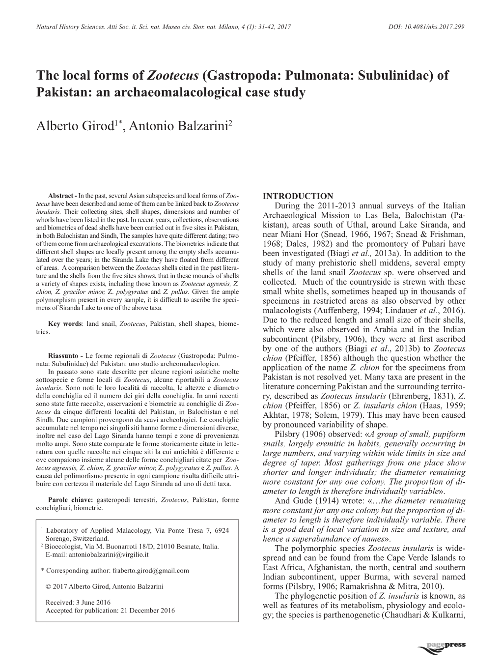 The Local Forms of Zootecus (Gastropoda: Pulmonata: Subulinidae) of Pakistan: an Archaeomalacological Case Study