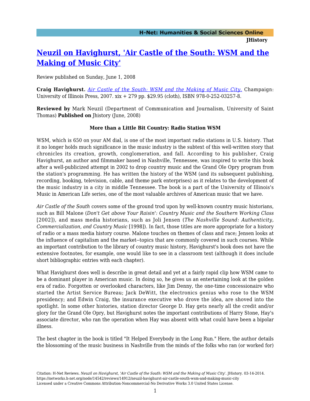 Neuzil on Havighurst, 'Air Castle of the South: WSM and the Making of Music City'