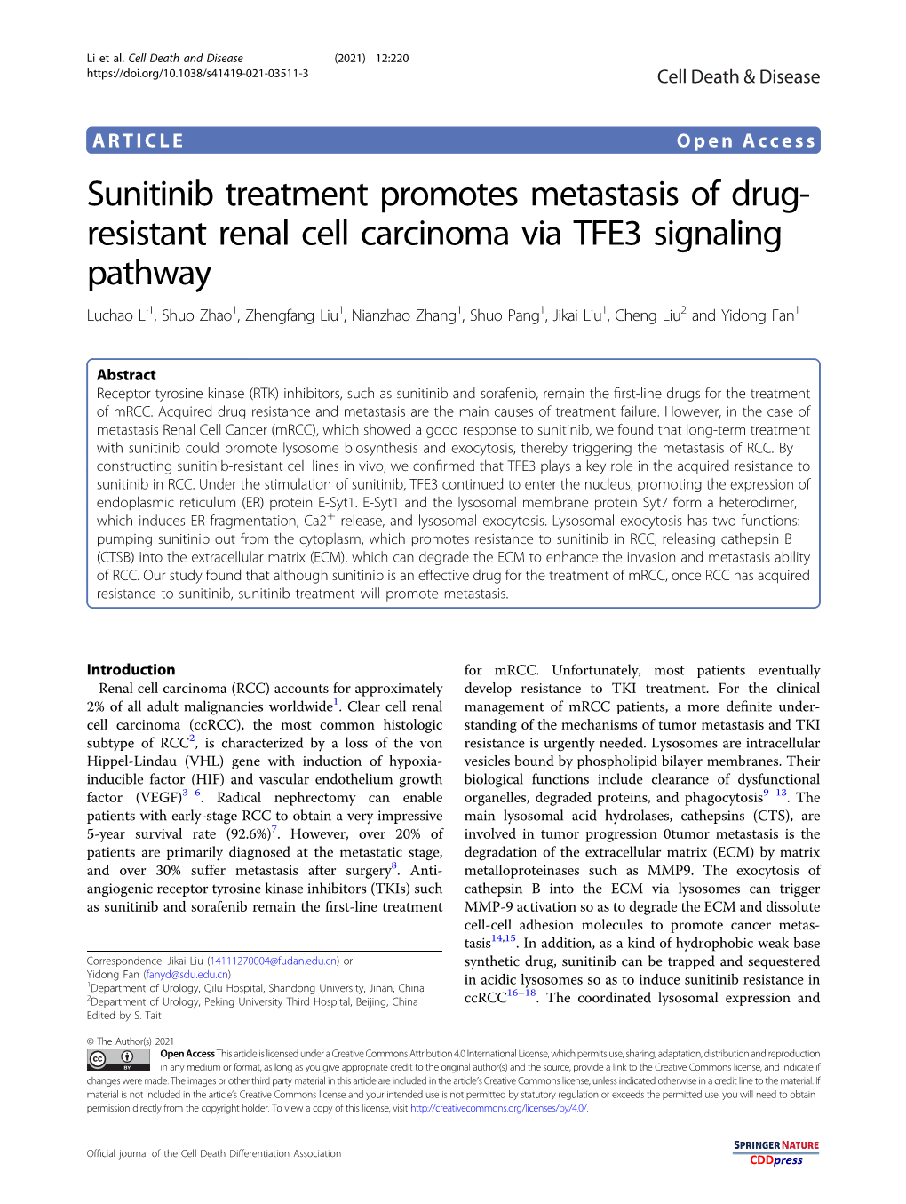 Sunitinib Treatment Promotes Metastasis of Drug-Resistant Renal