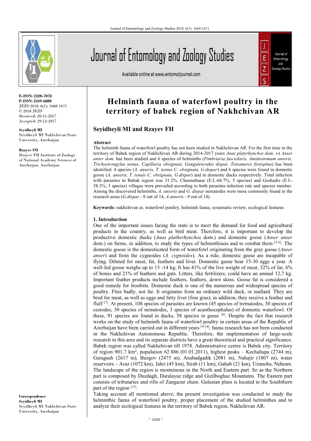 Helminth Fauna of Waterfowl Poultry in the Territory of Babek Region of Nakhchivan AR