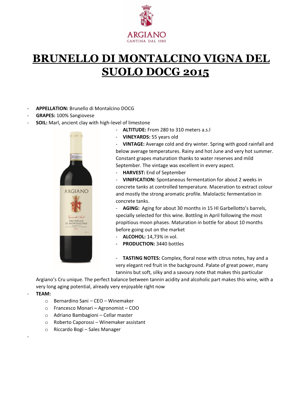 Brunello Di Montalcino Vigna Del Suolo Docg 2015