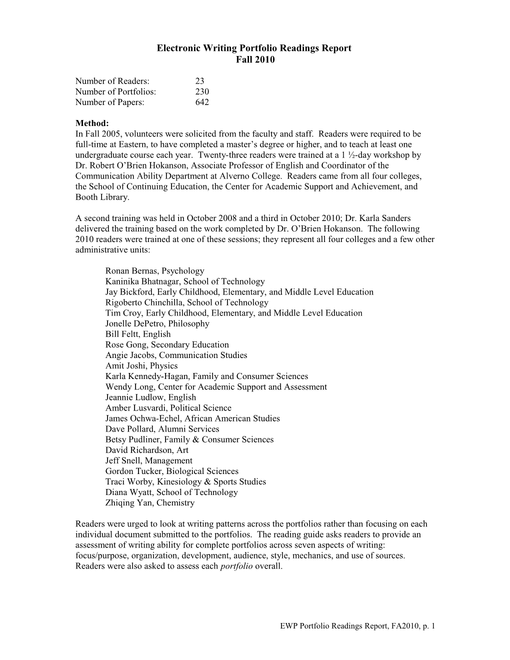 EWP Readings Report Fall 2005