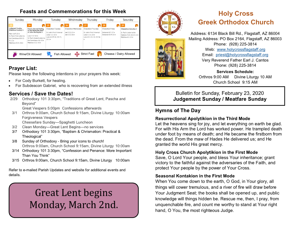 Great Lent Begins Monday, March 2Nd