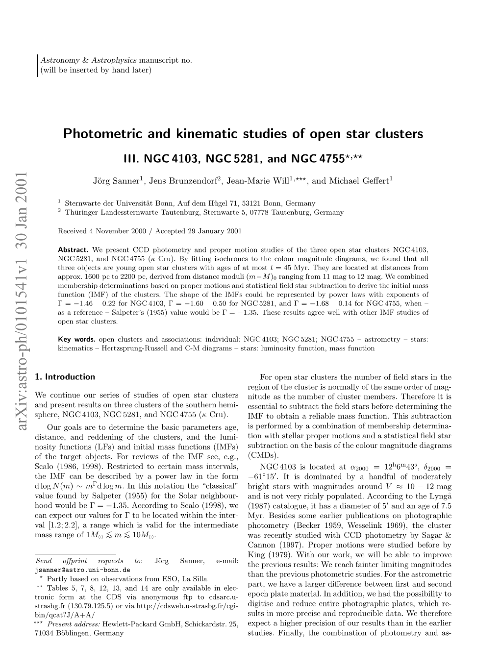 Photometric and Kinematic Studies of Open Star Clusters. III. NGC 4103, NGC 5281, and NGC 4755