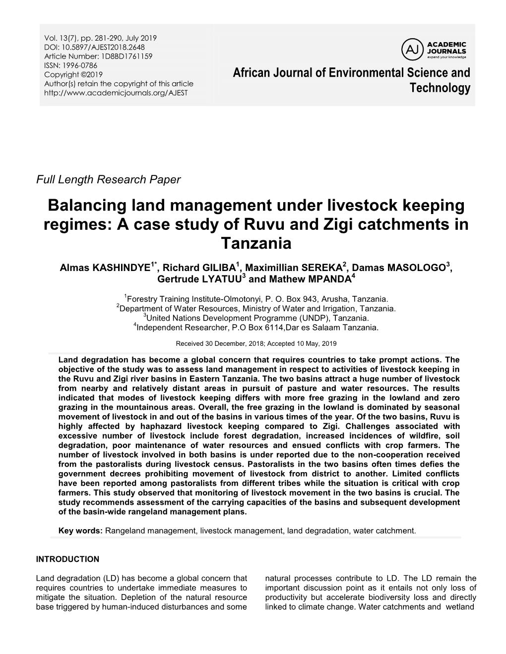 A Case Study of Ruvu and Zigi Catchments in Tanzania