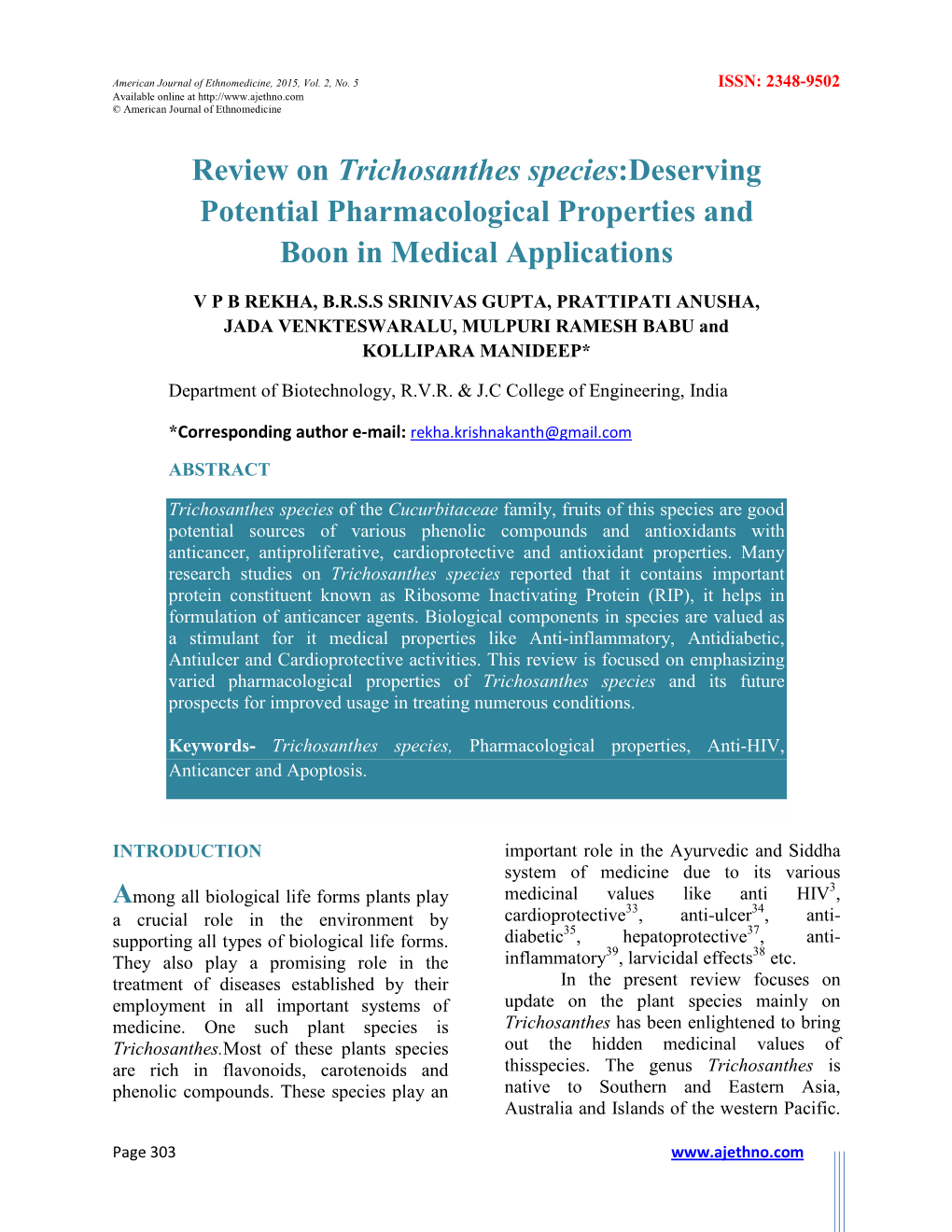Review on Trichosanthes Species:Deserving Potential Pharmacological Properties and Boon in Medical Applications
