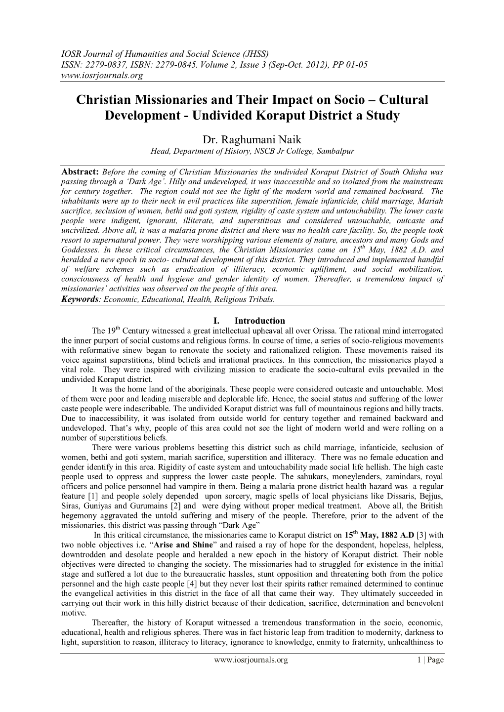 Christian Missionaries and Their Impact on Socio – Cultural Development - Undivided Koraput District a Study
