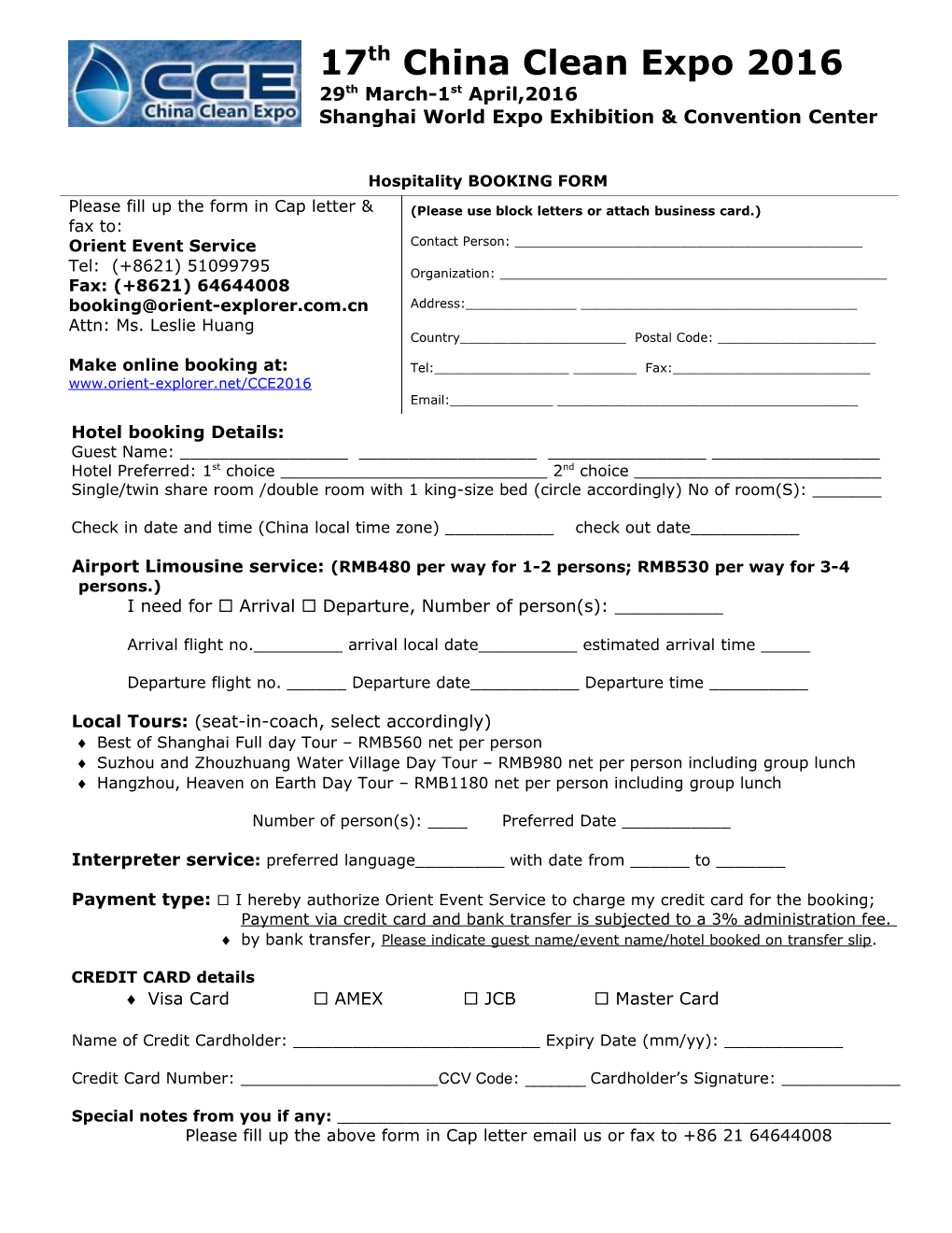 Hospitality BOOKING FORM