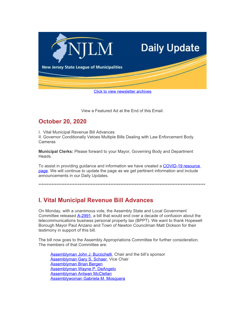 October 20, 2020 I. Vital Municipal Revenue Bill Advances