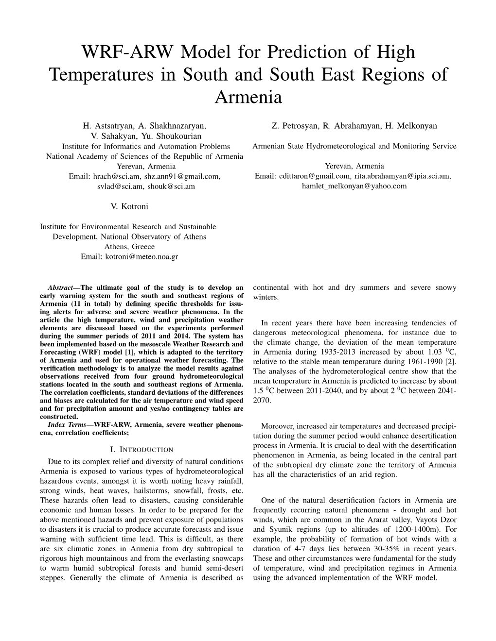 WRF-ARW Model for Prediction of High Temperatures in South and South East Regions of Armenia