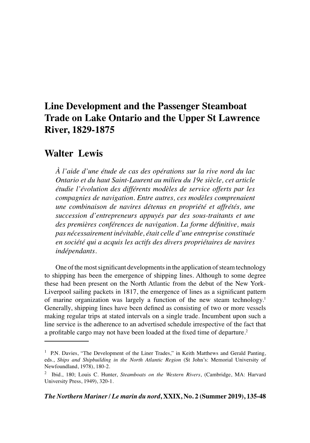 Line Development and the Passenger Steamboat Trade on Lake Ontario and the Upper St Lawrence River, 1829-1875