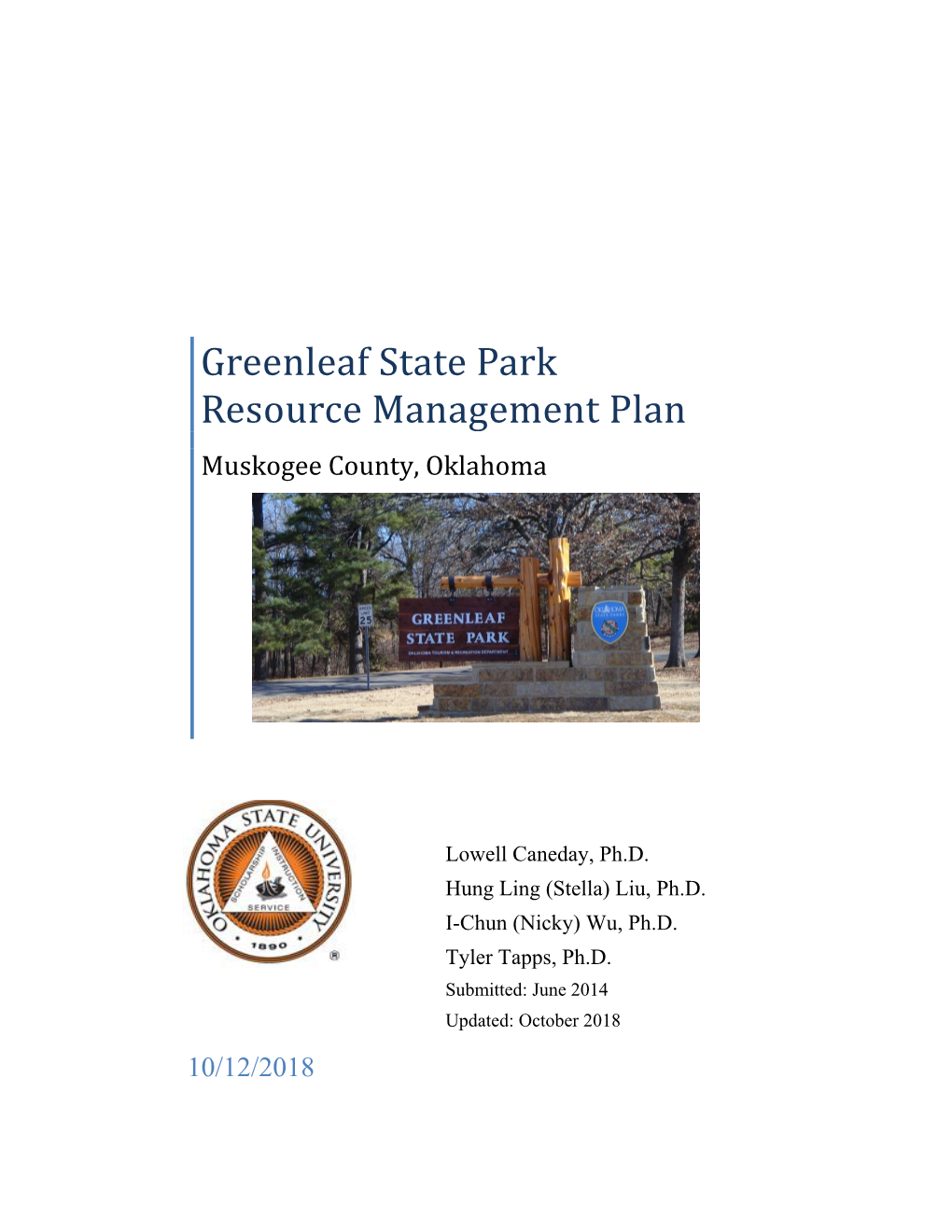 Greenleaf State Park Resource Management Plan Muskogee County, Oklahoma