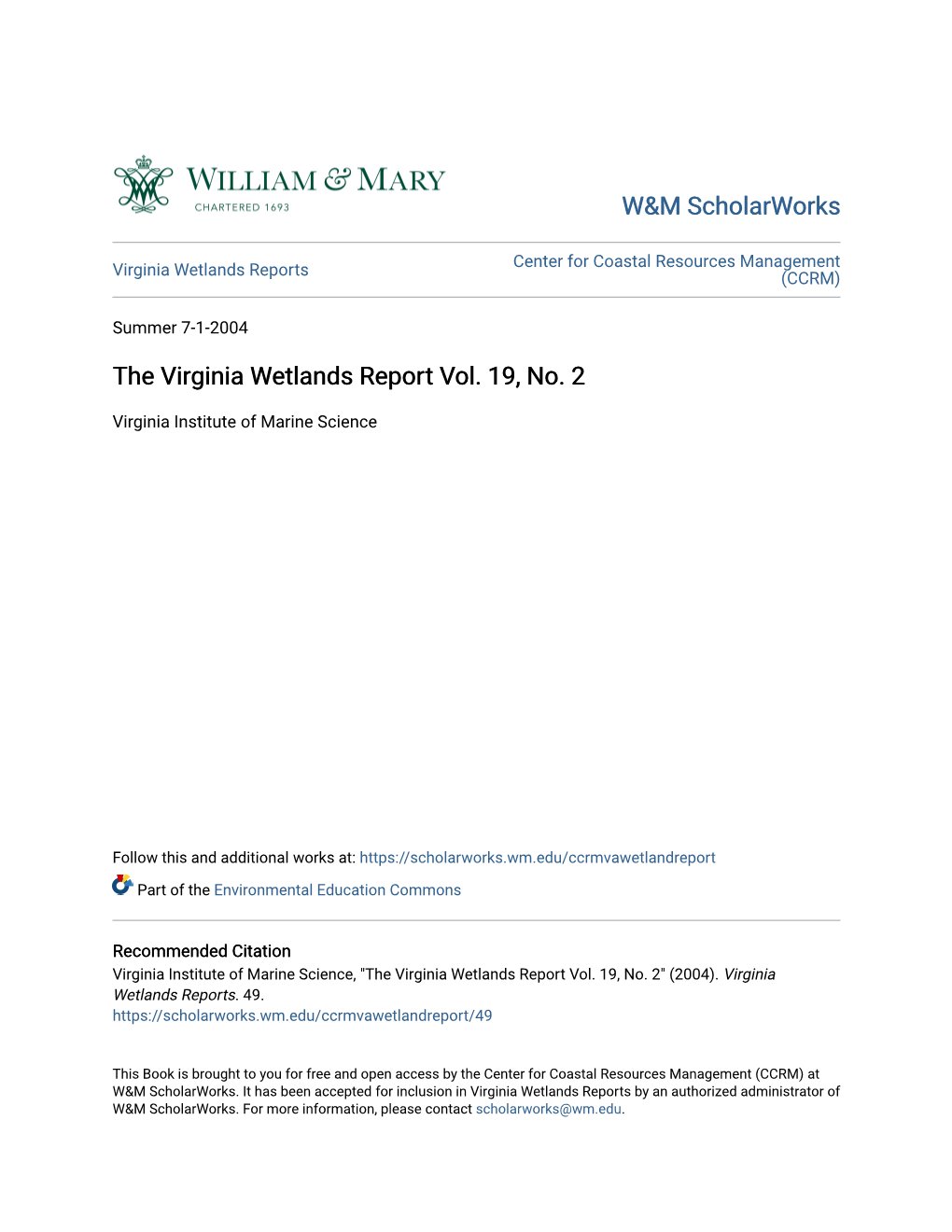 The Virginia Wetlands Report Vol. 19, No. 2