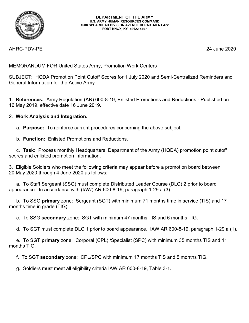 HQDA Promotion Point Cutoff Scores for 1 July 2020 and Semi-Centralized Reminders and General Information for the Active Army