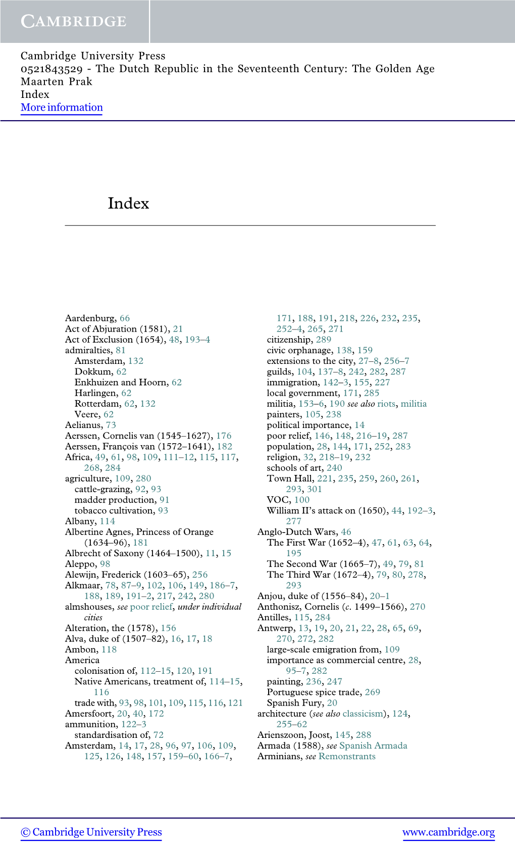 The Dutch Republic in the Seventeenth Century: the Golden Age Maarten Prak Index More Information