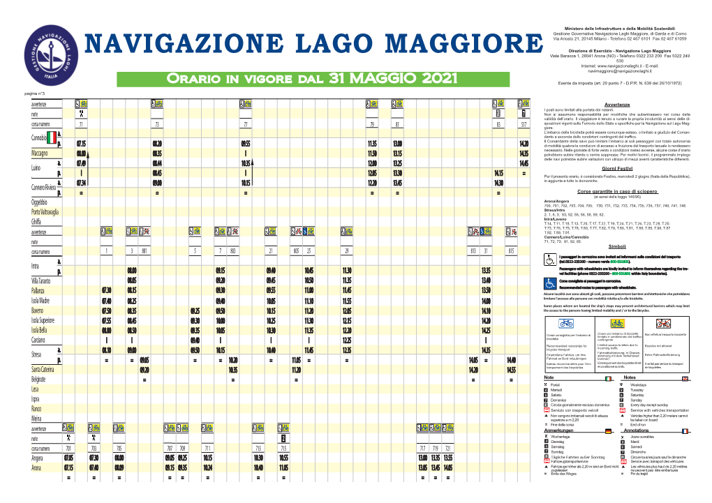 Orario in Vigore Dal 31 MAGGIO 2021 Navimaggiore@Navigazionelaghi.It Esente Da Imposta (Art