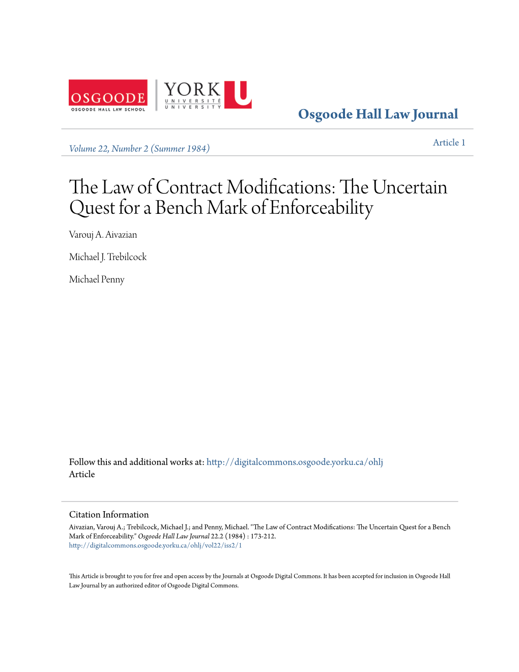 The Law of Contract Modifications: the Uncertain Quest for a Bench Mark of Enforceability
