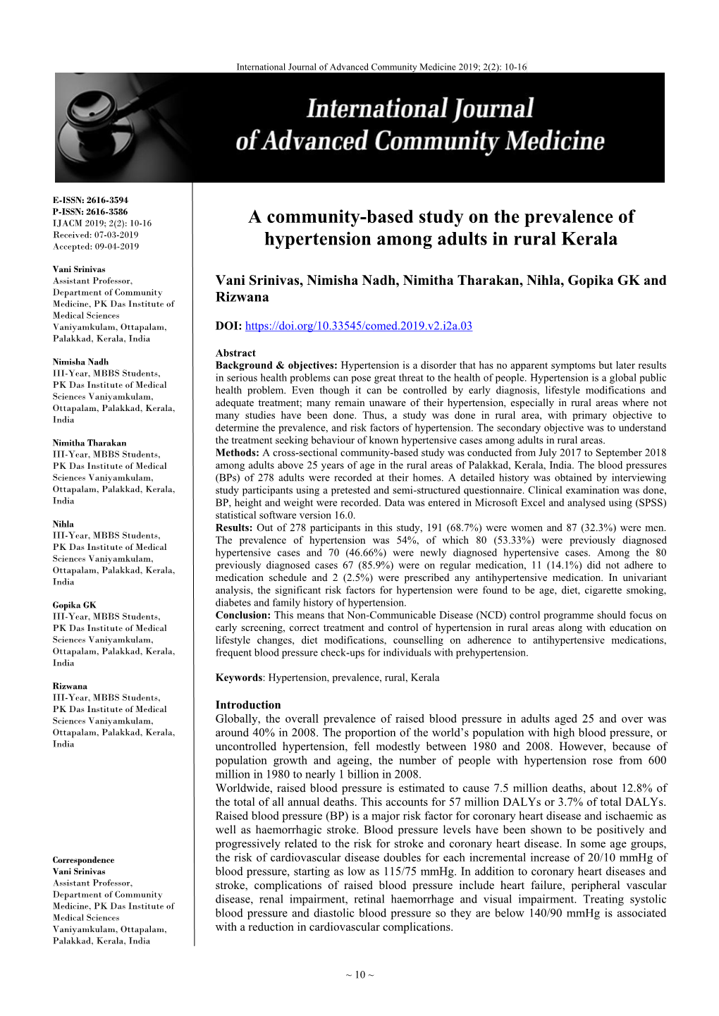 A Community-Based Study on the Prevalence of Hypertension Among