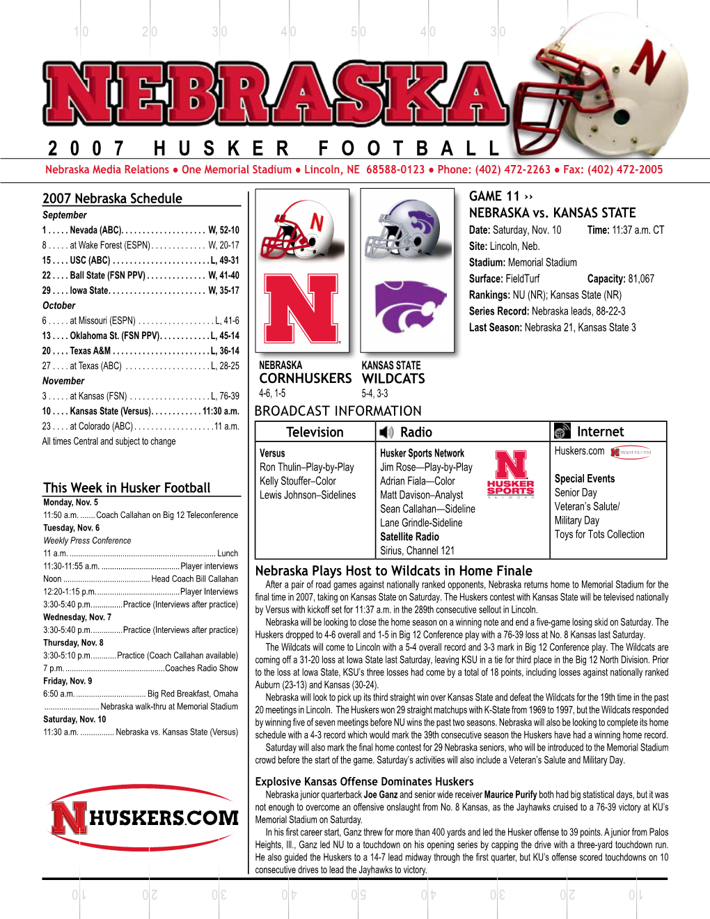 Game Notes - Game 11 Game - Notes Game Football Nebraska Nebraska Vs
