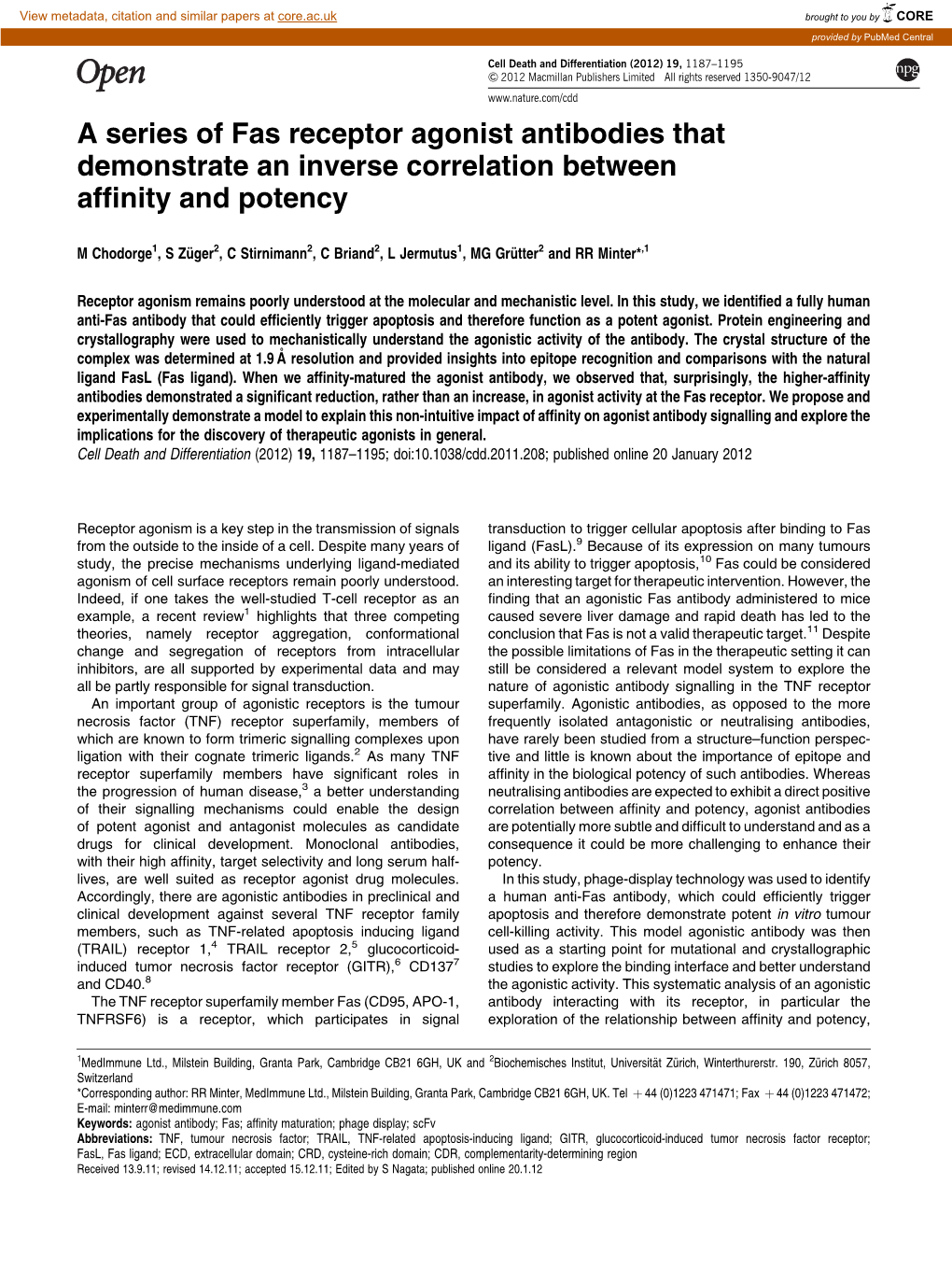 A Series of Fas Receptor Agonist Antibodies That Demonstrate an Inverse Correlation Between Afﬁnity and Potency