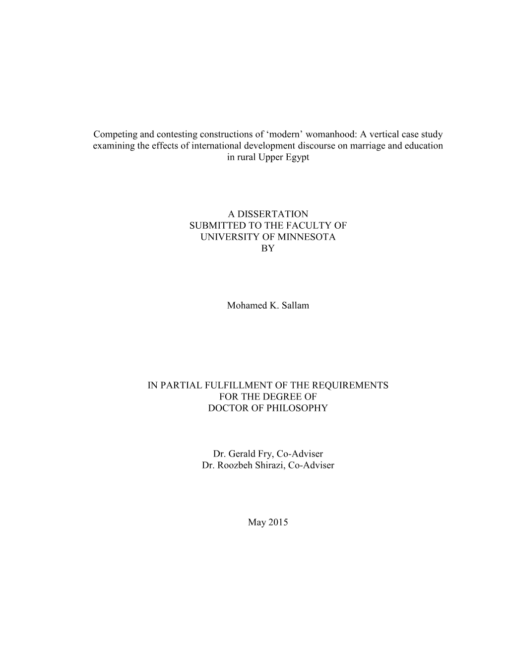 Womanhood: a Vertical Case Study Examining the Effects of International Development Discourse on Marriage and Education in Rural Upper Egypt