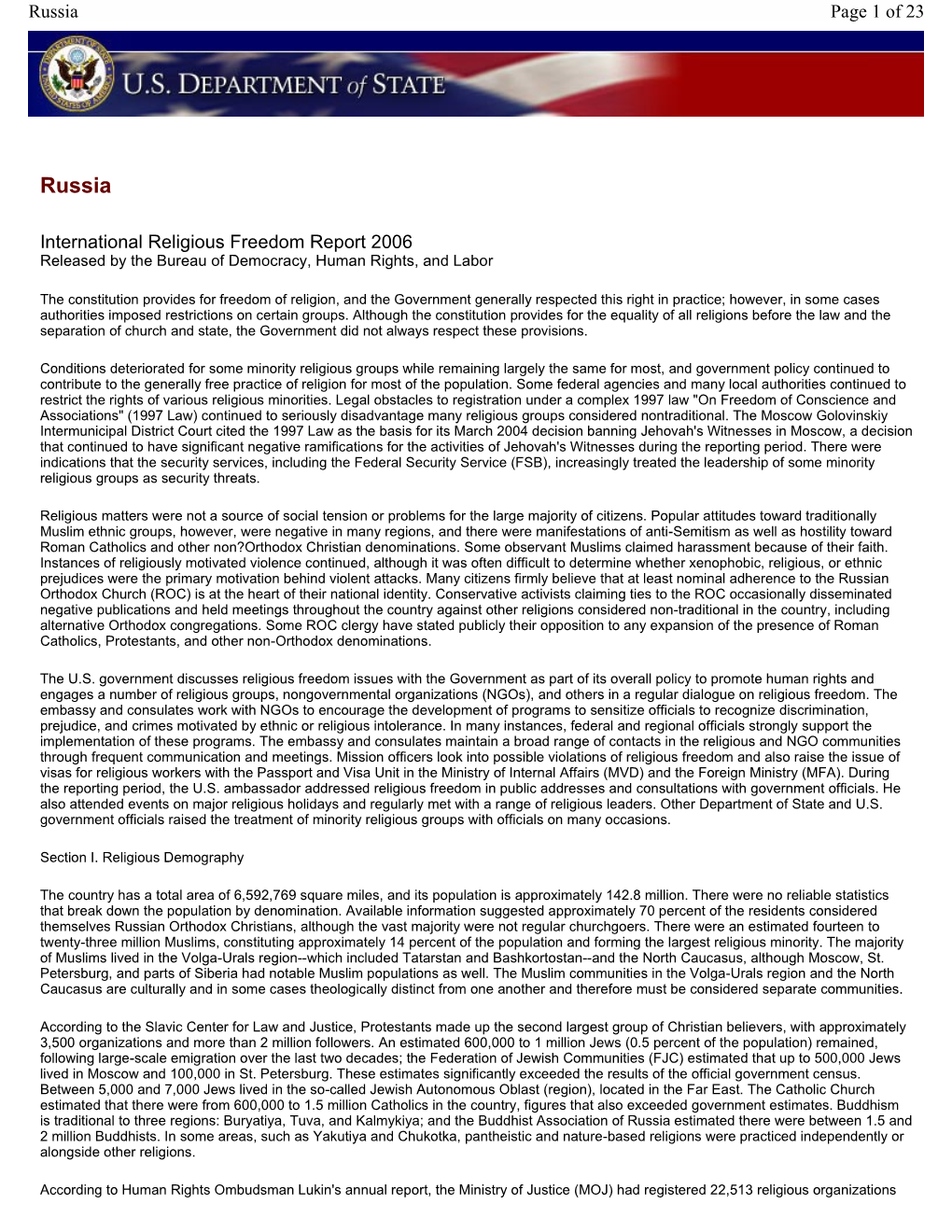 Report on International Religious Freedom 2006: Russia