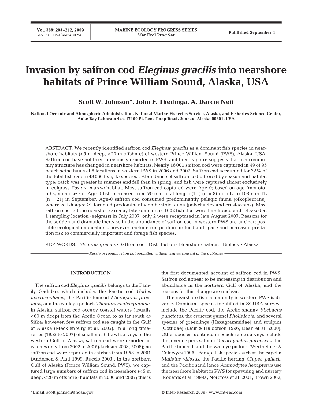 Invasion by Saffron Cod Eleginus Gracilis Into Nearshore Habitats of Prince William Sound, Alaska, USA