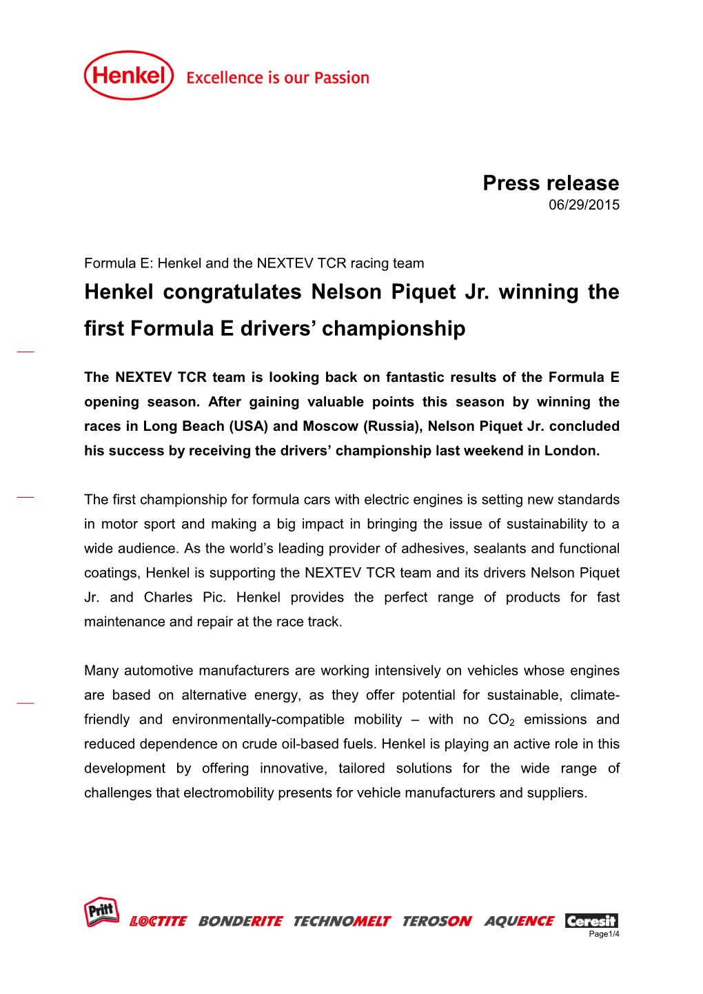 Press Release Henkel Congratulates Nelson Piquet Jr. Winning the First