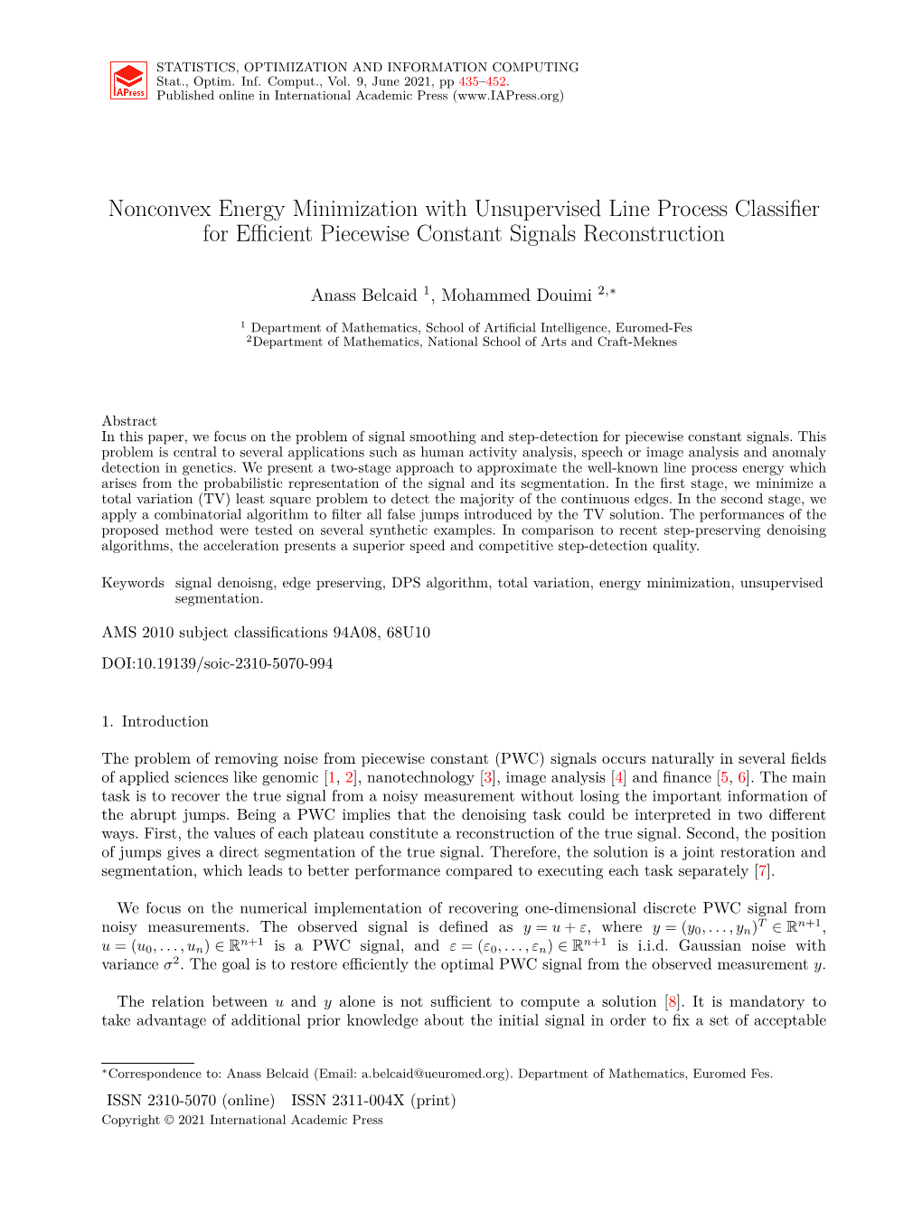 Nonconvex Energy Minimization with Unsupervised Line Process Classifier for Eﬀicient Piecewise Constant Signals Reconstruction