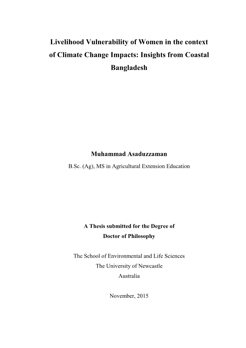 Livelihood Vulnerability of Women in the Context of Climate Change Impacts: Insights from Coastal Bangladesh