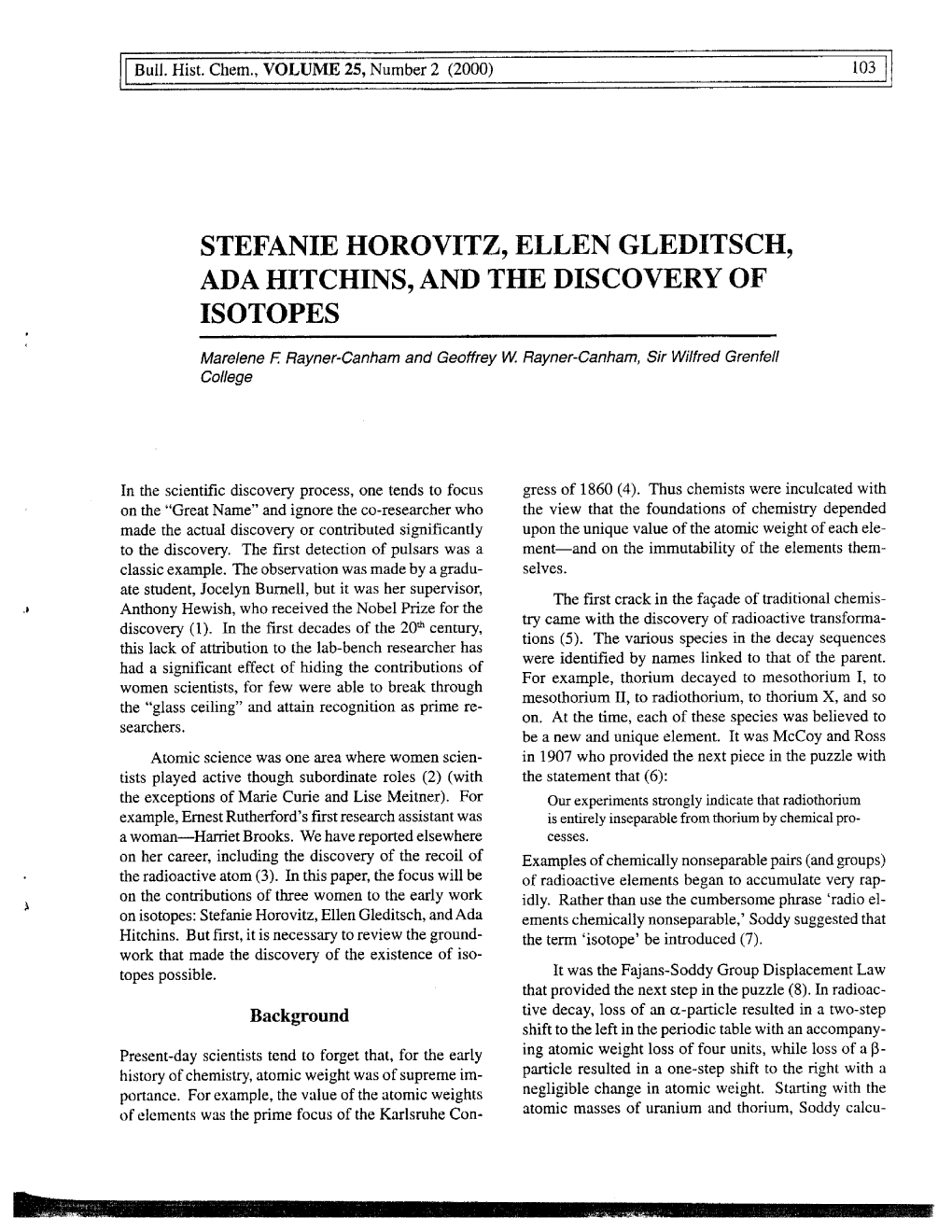 Stefanie Horovitz, Ellen Gleditsch, Ada Hitchins, and the Discovery of Isotopes