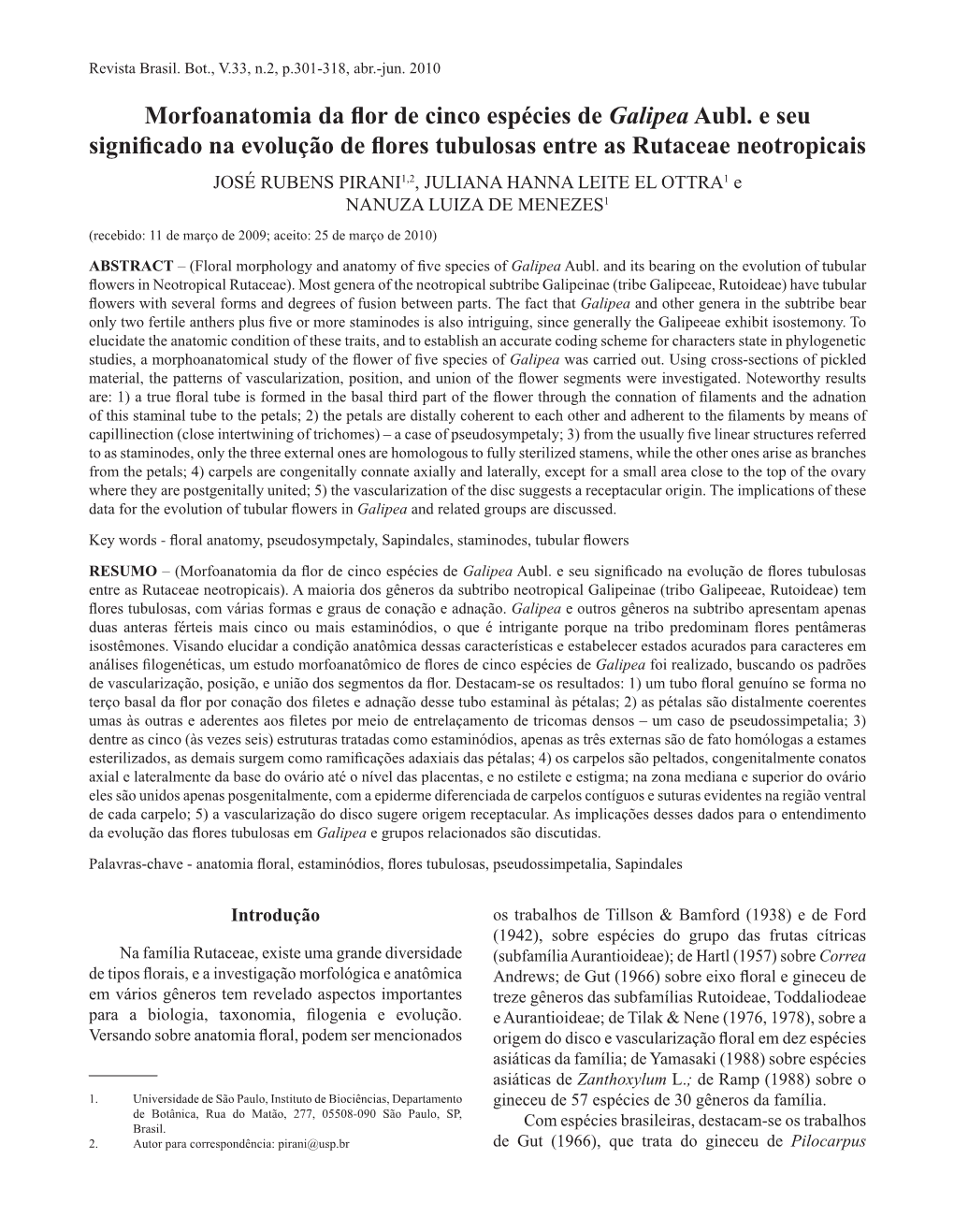 Morfoanatomia Da Flor De Cinco Espécies De Galipea Aubl. E Seu Significado Na Evolução De Flores Tubulosas Entre As Rutaceae