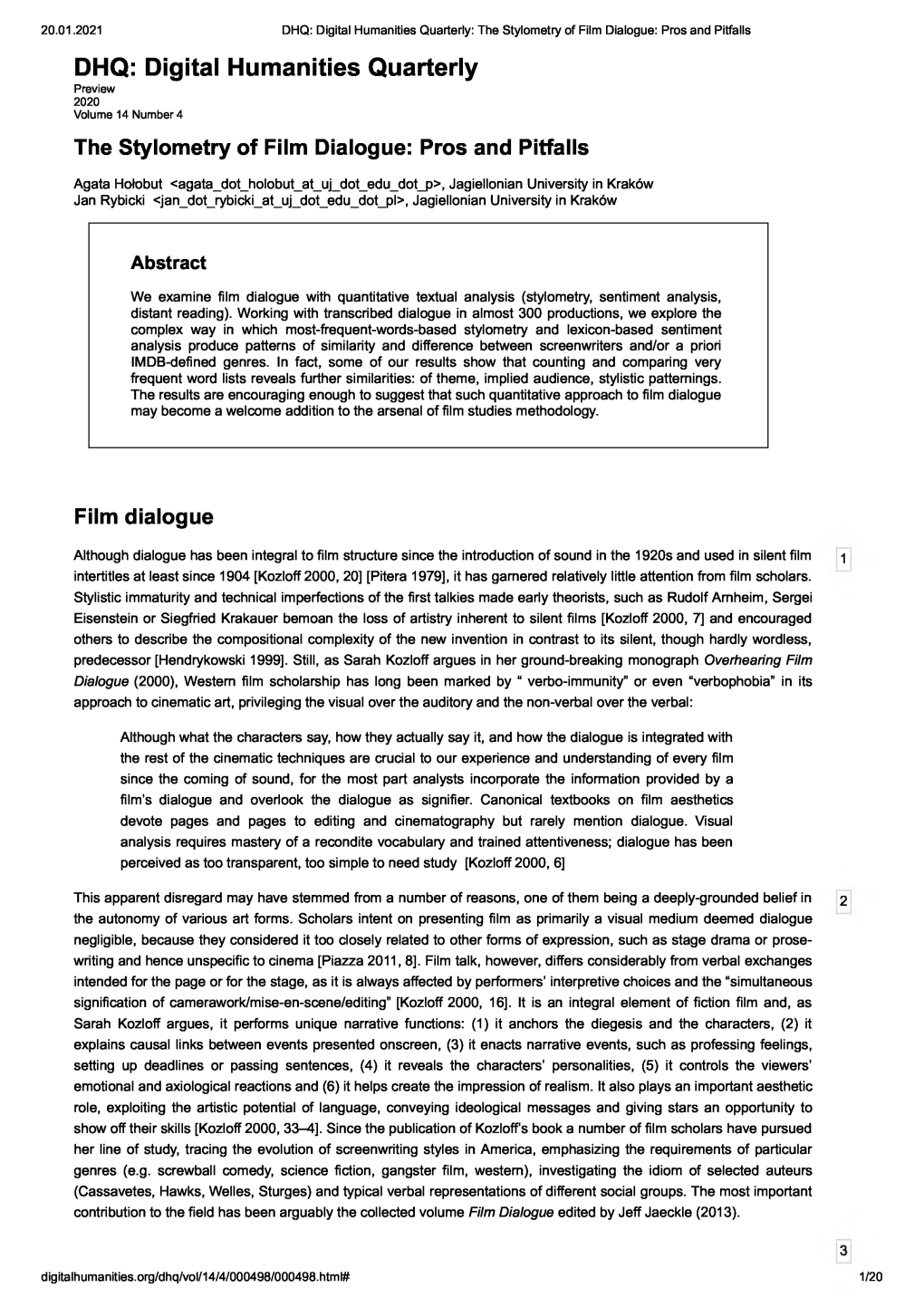 The Stylometry of Film Dialogue: Pros and Pitfalls