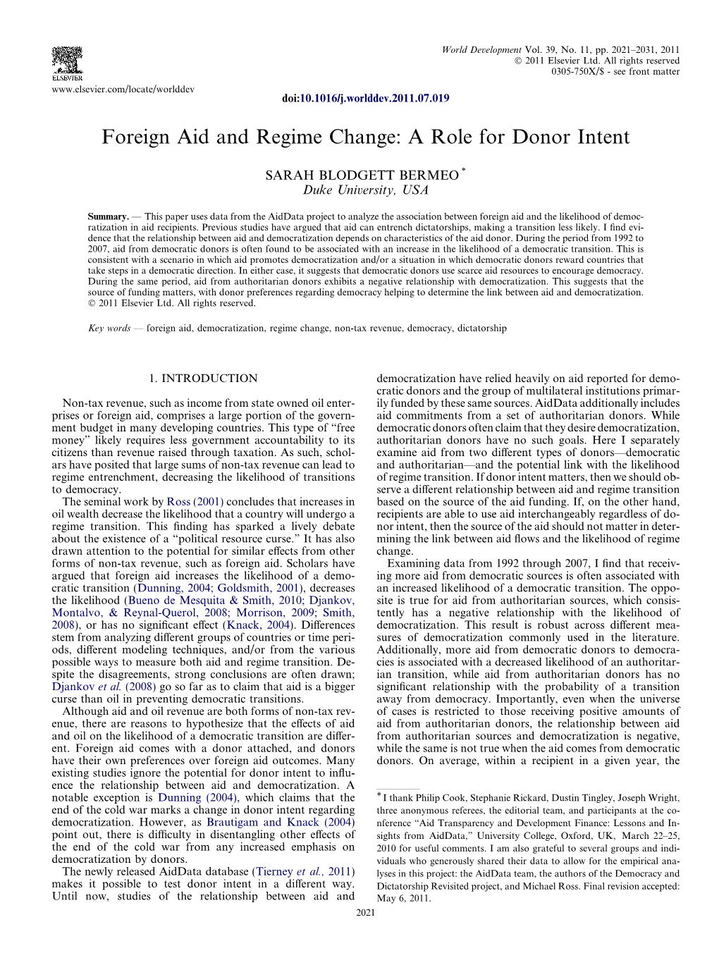 Foreign Aid and Regime Change: a Role for Donor Intent