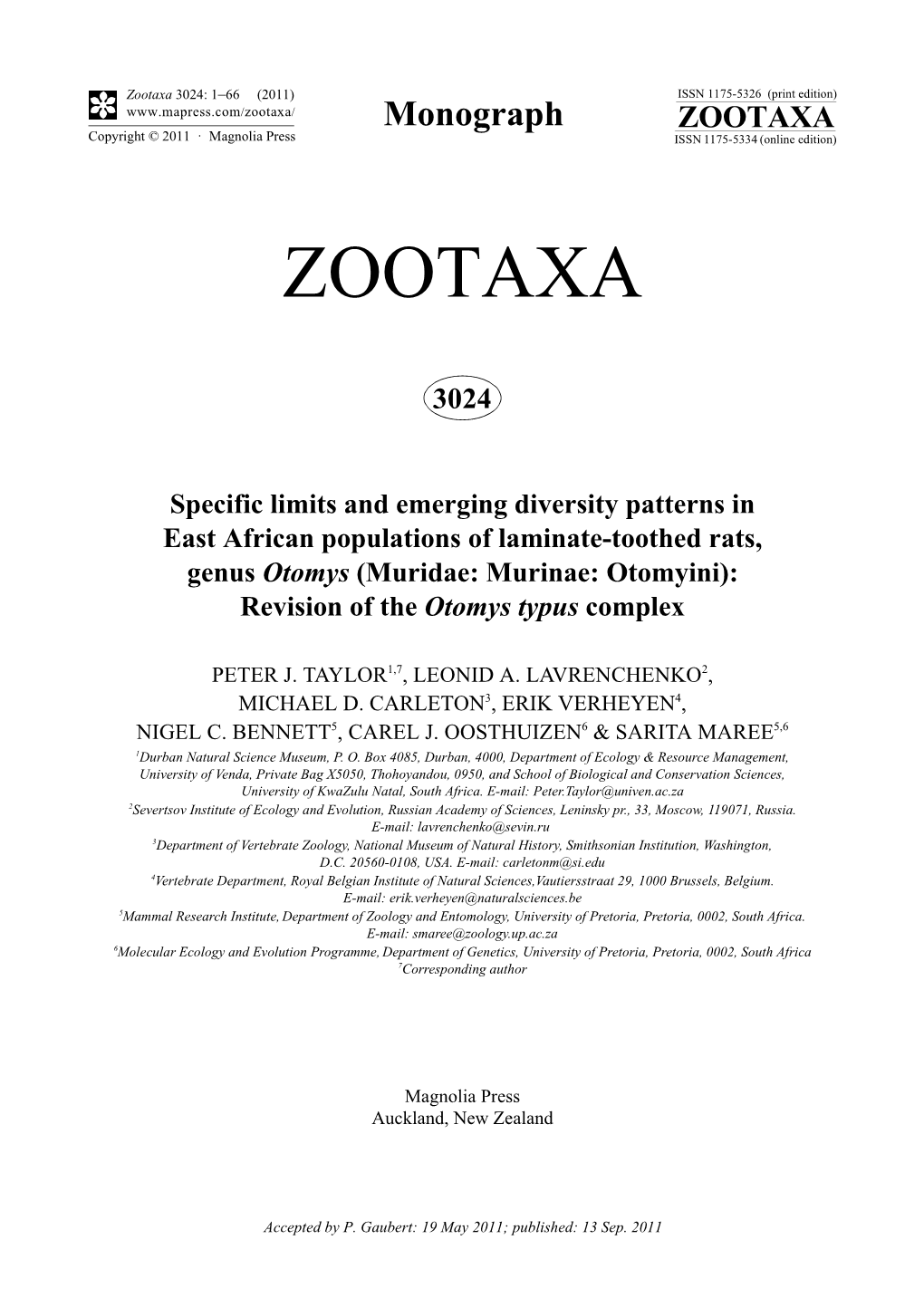 Specific Limits and Emerging Diversity Patterns in East African Populations of Laminate-Toothed Rats, Genus Otomys