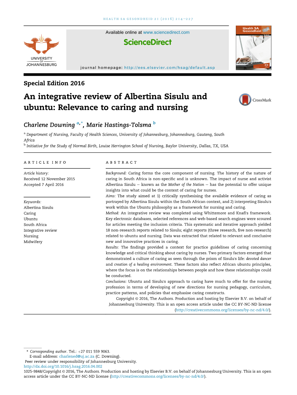 An Integrative Review of Albertina Sisulu and Ubuntu: Relevance to Caring and Nursing