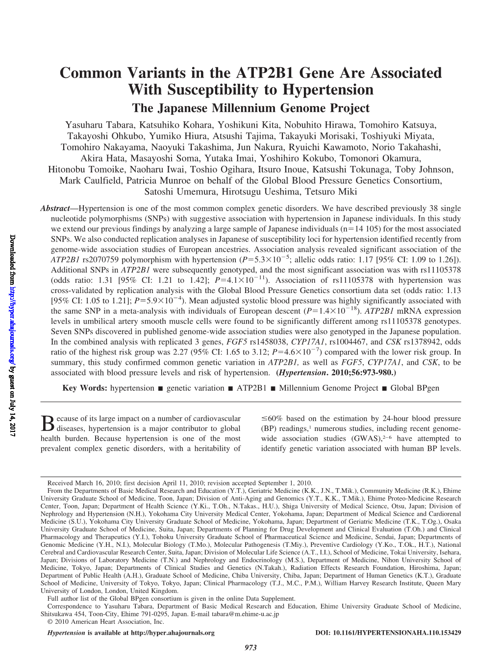 Common Variants in the ATP2B1 Gene Are Associated With