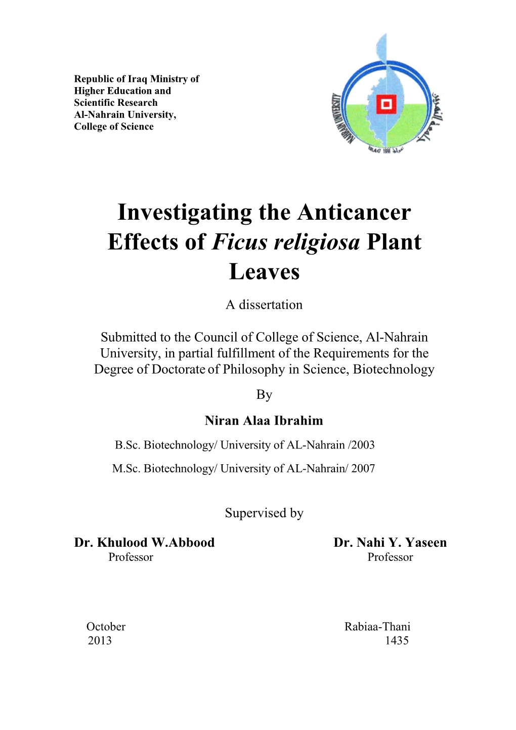 Investigating the Anticancer Effects of Ficus Religiosa Plant Leaves