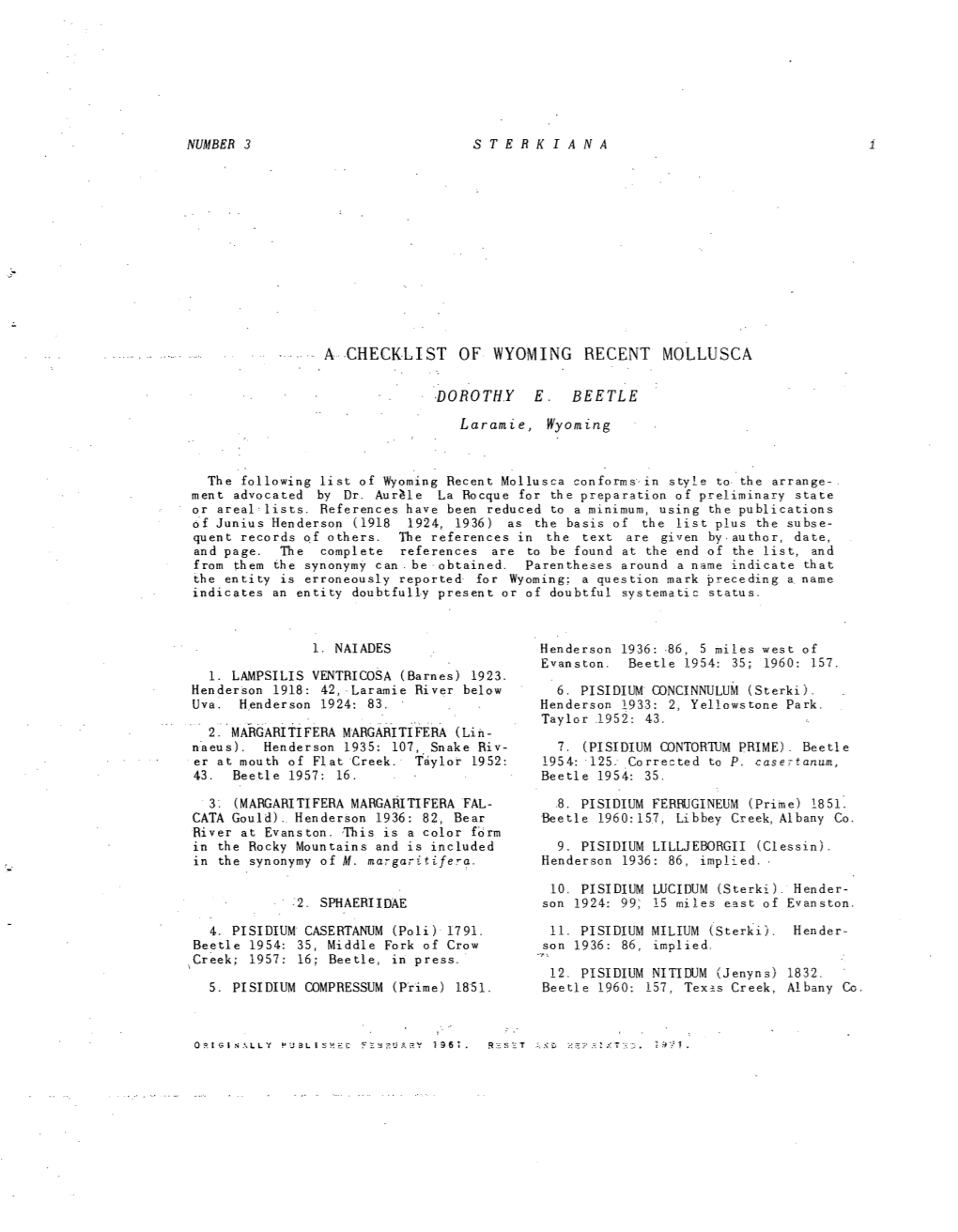 A Checklist of Wyoming Recent Mollusca