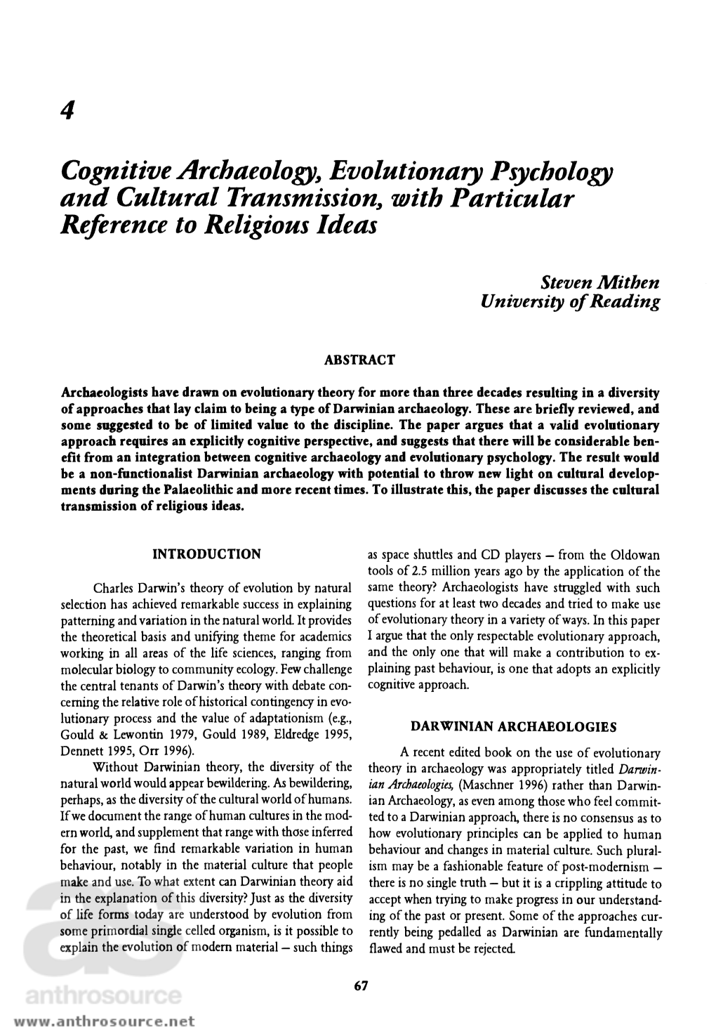 Cognitive Archaeology, Evolutionary Psychology and Cultural Transmission, with Particular Reference to Religious Ideas